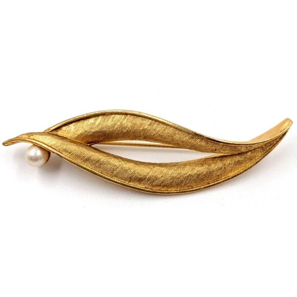 BSK Gold Tone Leaf 3" Brooch Pin with Imitation Pearl - Picture 1 of 7
